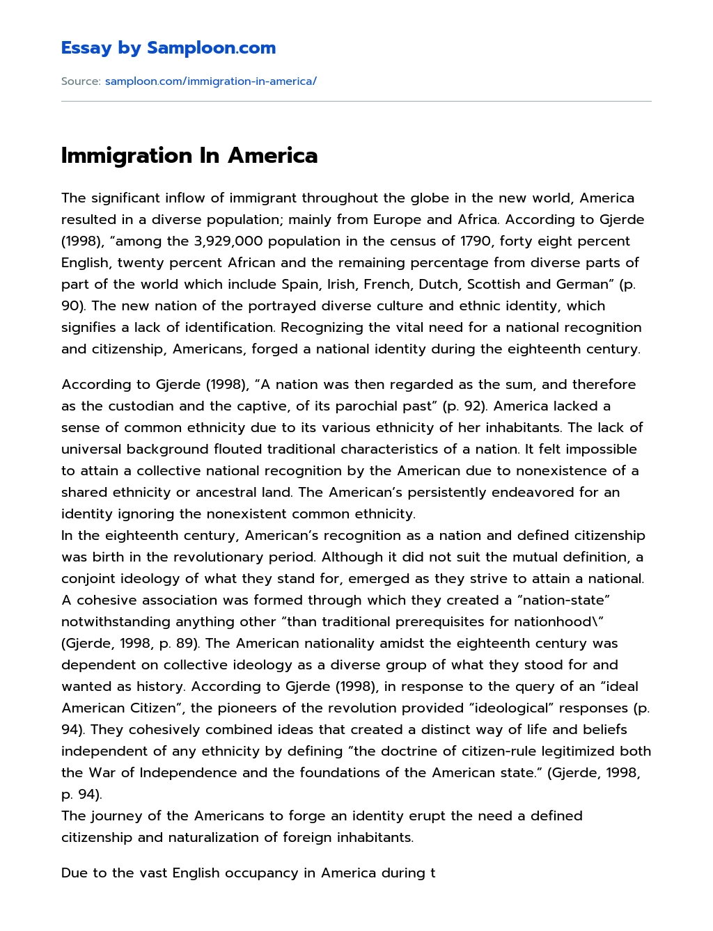 Immigration In America essay