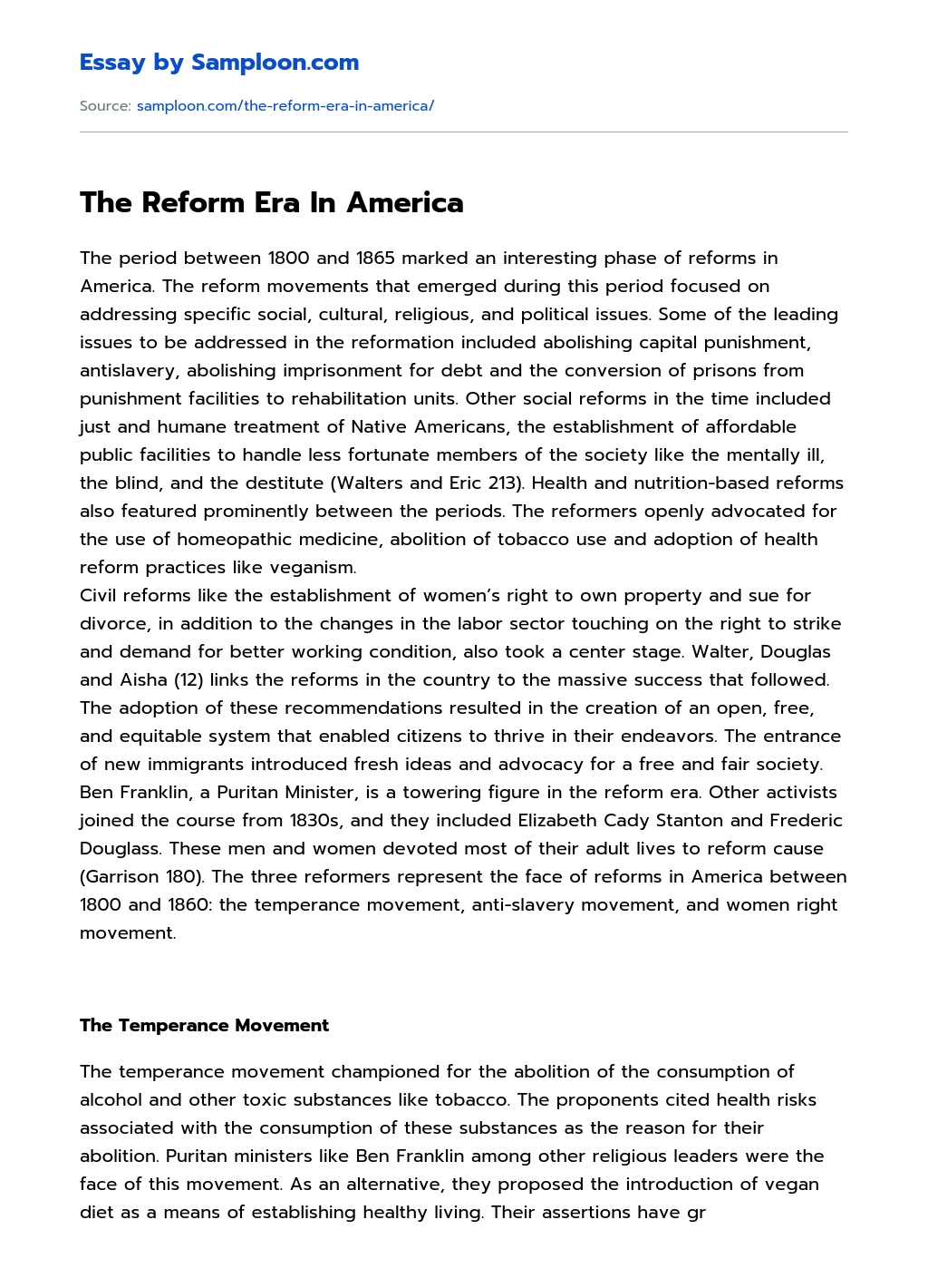 The Reform Era In America essay