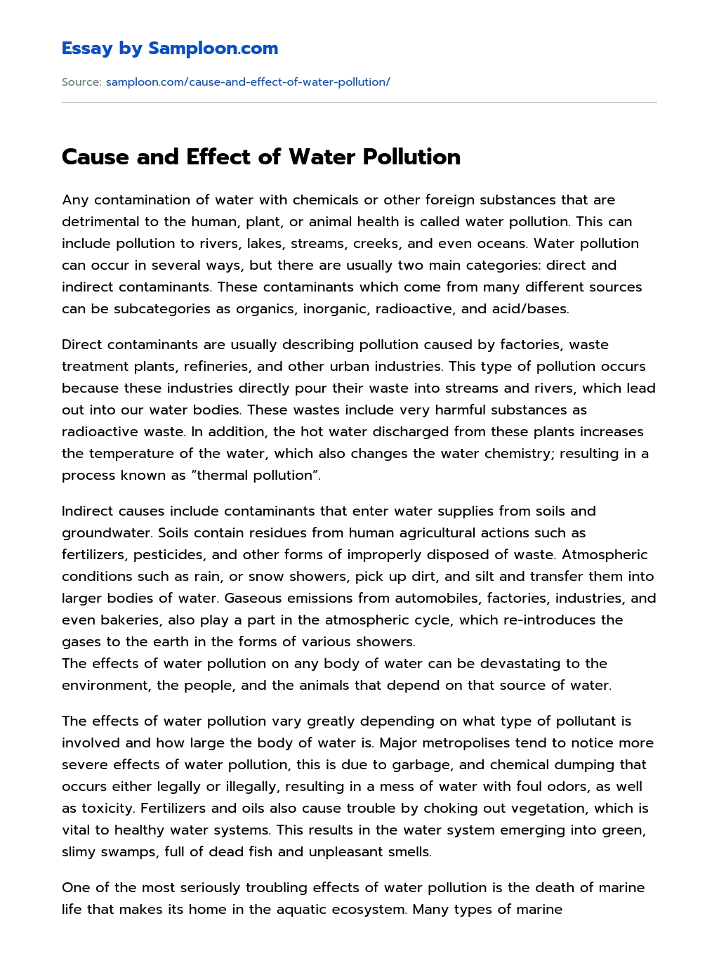 Cause and Effect of Water Pollution essay