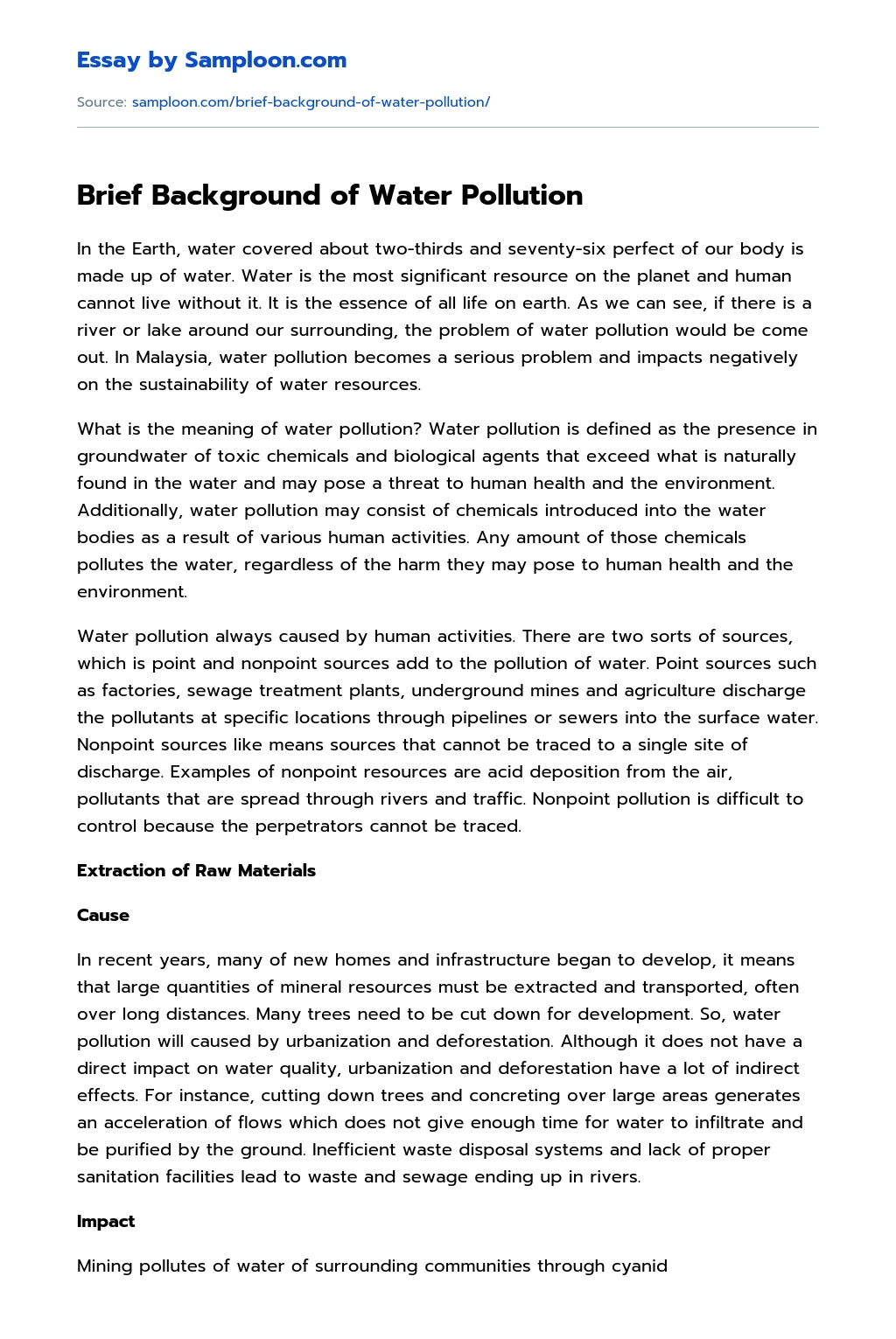 Brief Background of Water Pollution essay