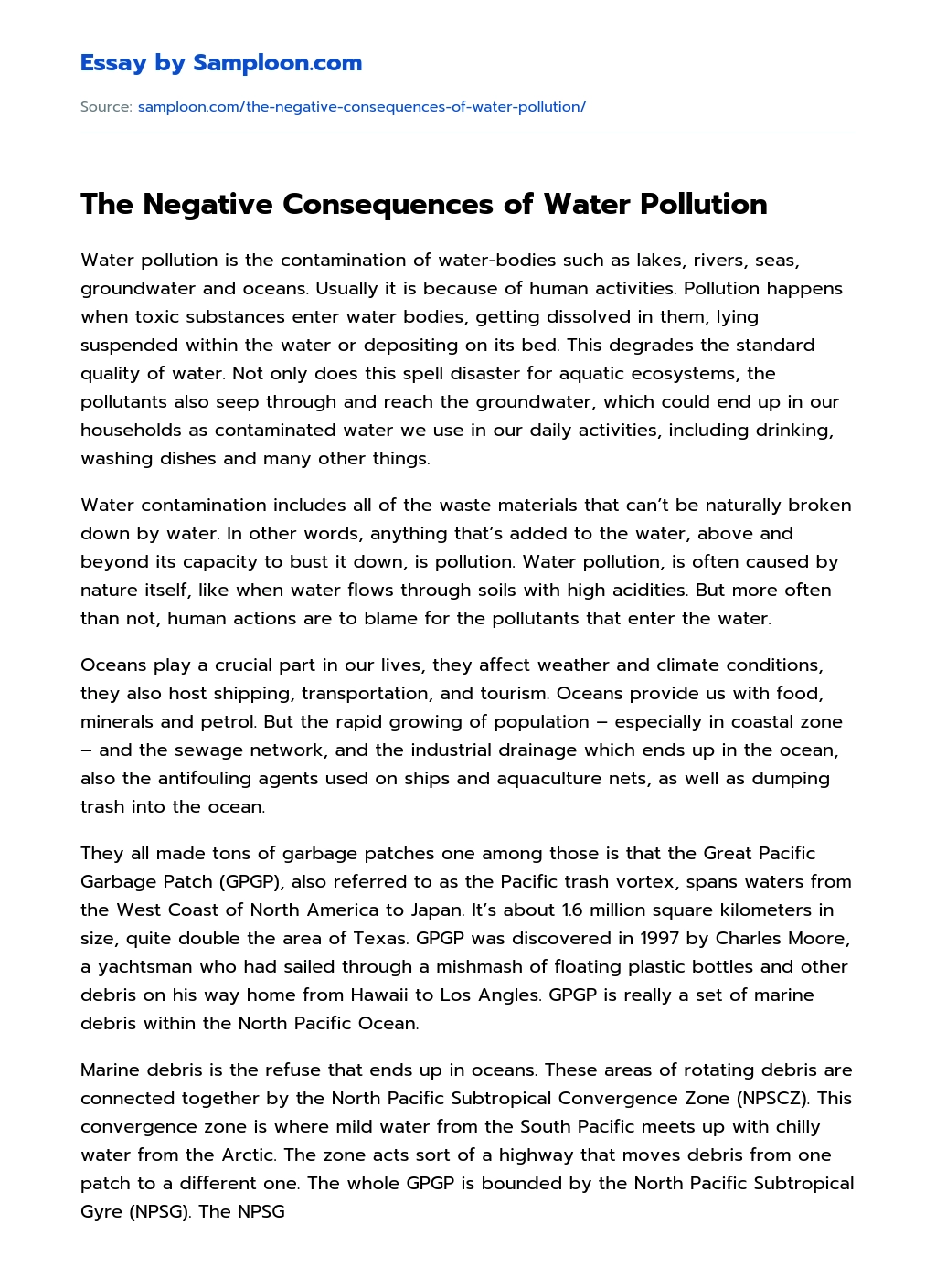 The Negative Consequences of Water Pollution essay