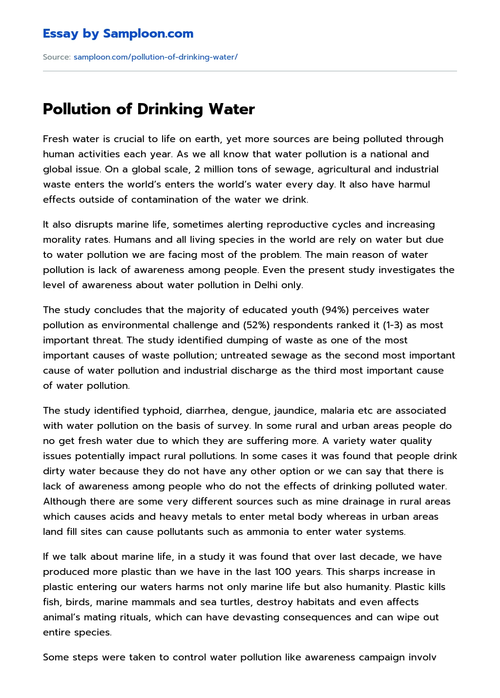 Pollution of Drinking Water essay