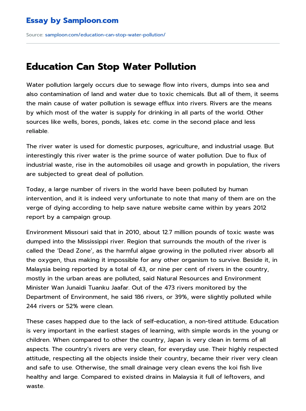 Education Can Stop Water Pollution essay