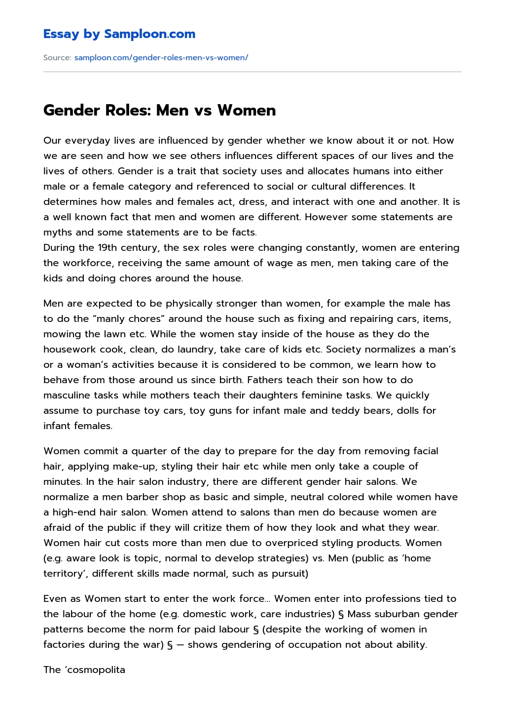 Gender Roles: Men vs Women  essay