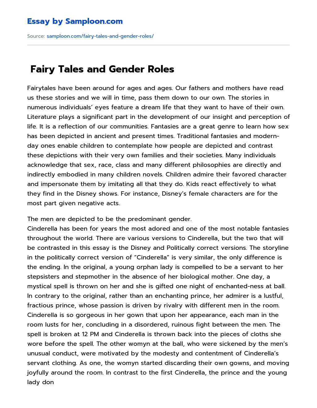  Fairy Tales and Gender Roles  essay