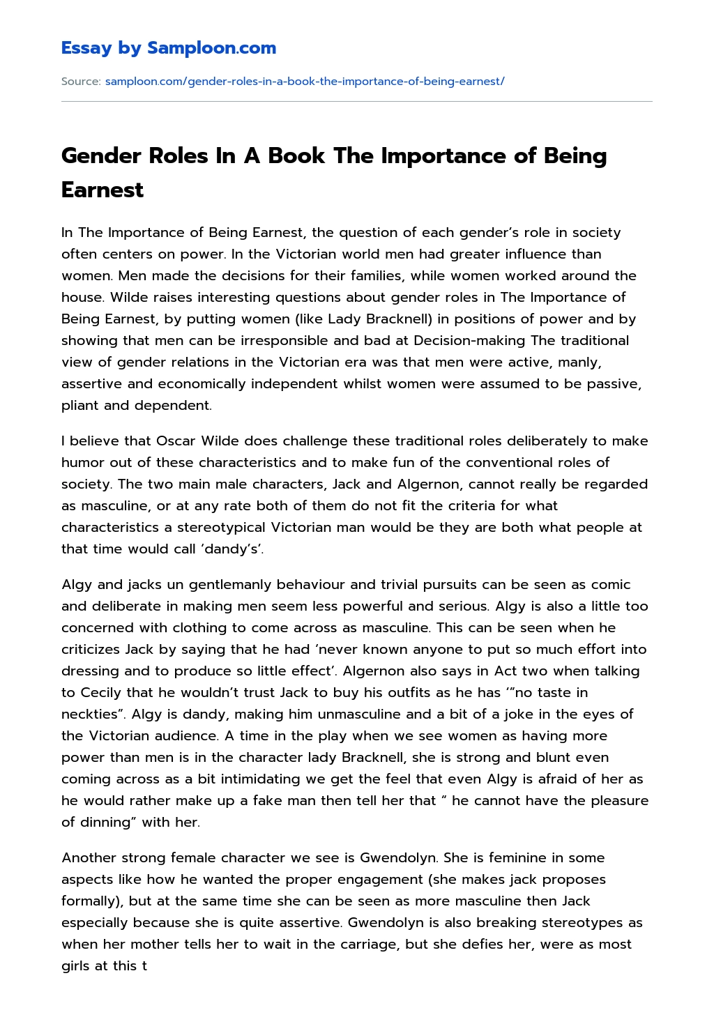 Gender Roles In A Book The Importance of Being Earnest essay