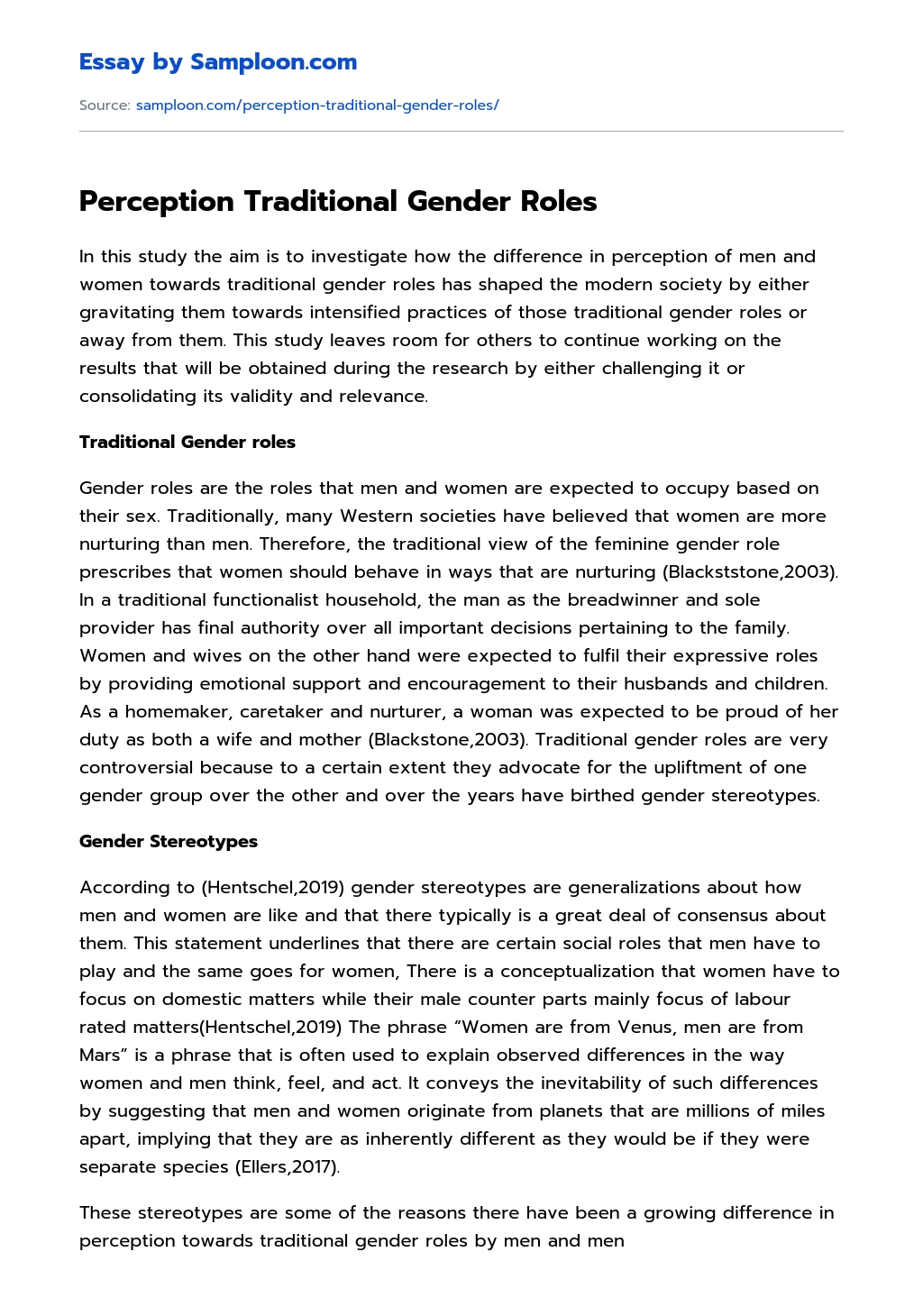 Perception Traditional Gender Roles essay