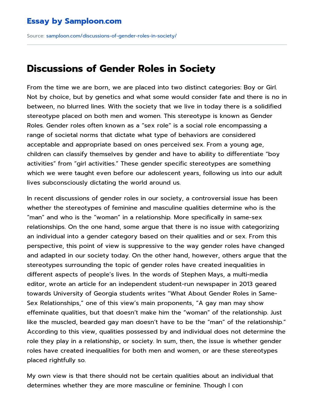 Discussions of Gender Roles in Society essay