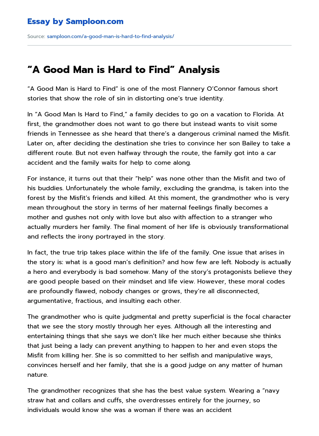 “A Good Man is Hard to Find” Analysis essay