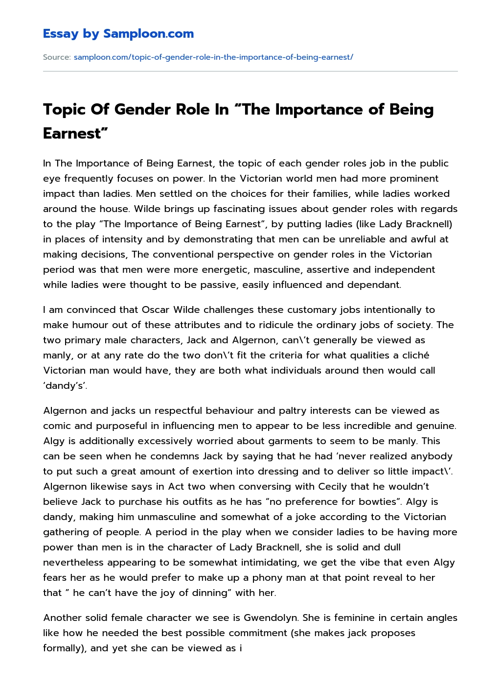 Topic Of Gender Role In “The Importance of Being Earnest” essay