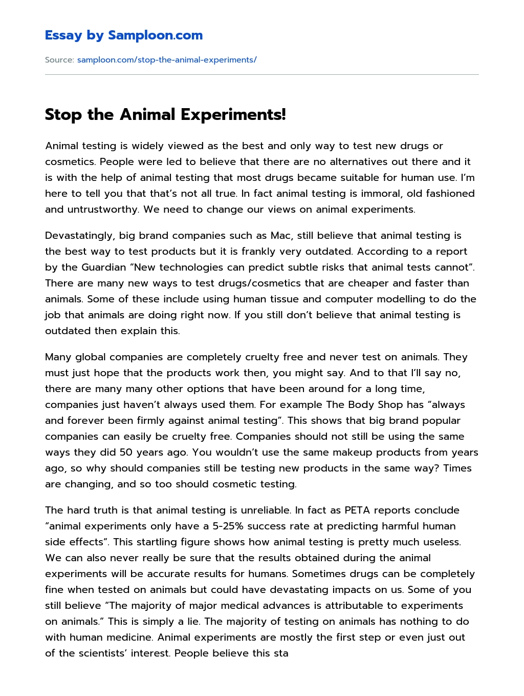 Stop the Animal Experiments! essay