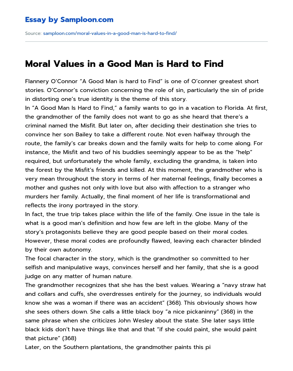 Moral Values in a Good Man is Hard to Find essay
