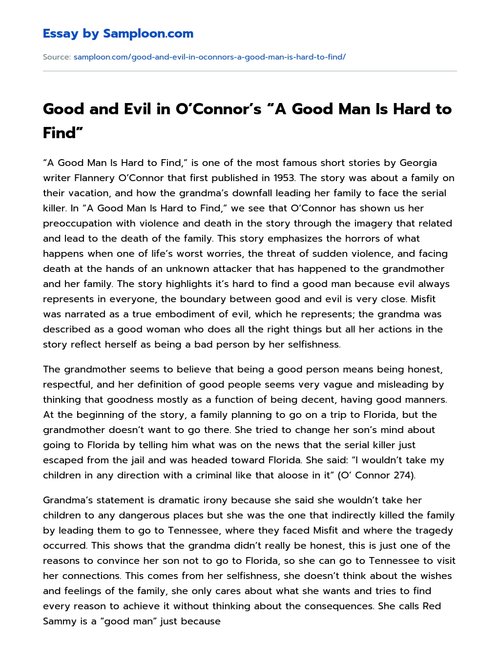 Good and Evil in O’Connor’s “A Good Man Is Hard to Find” essay