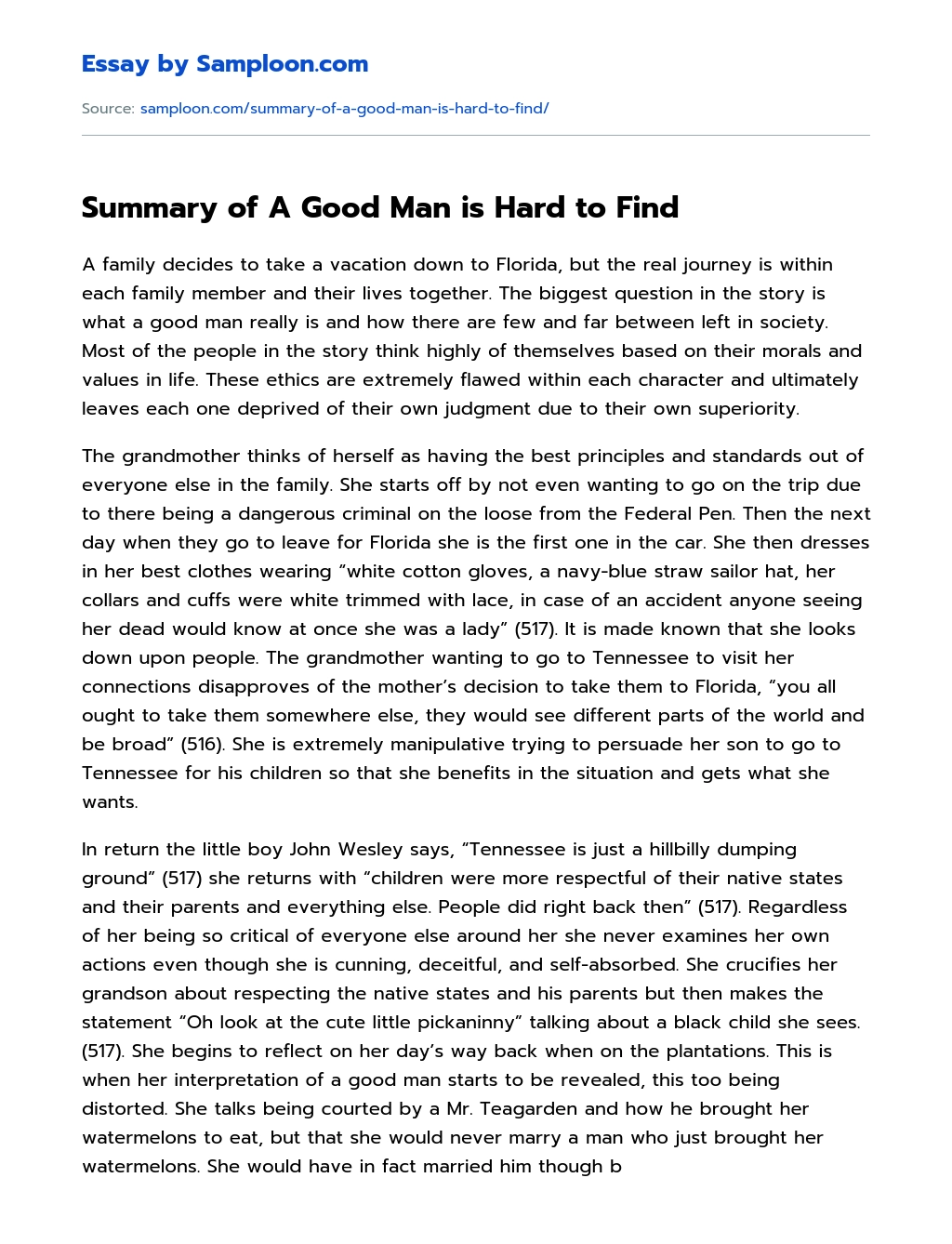 Summary of A Good Man is Hard to Find essay
