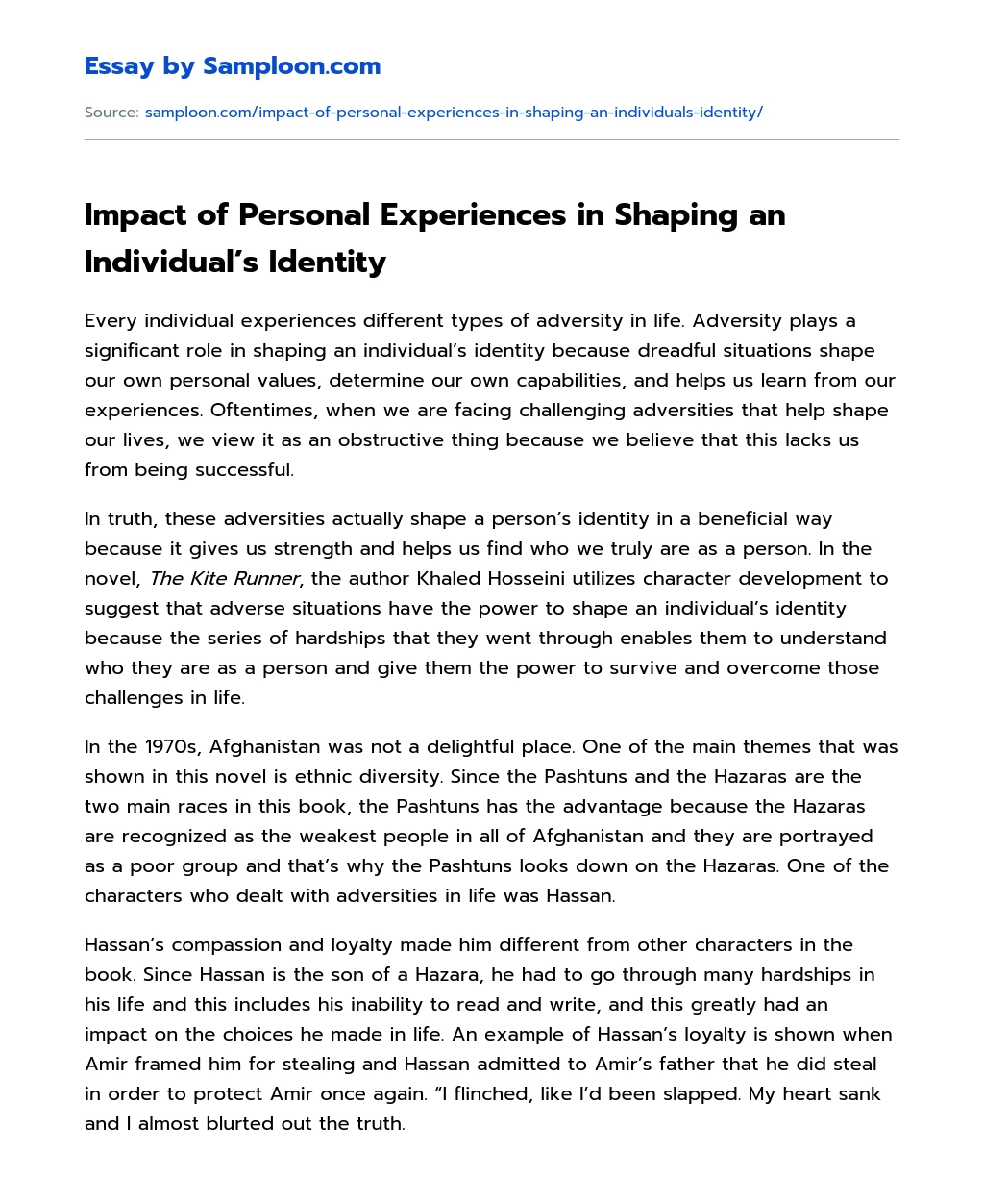 Impact of Personal Experiences in Shaping an Individual’s Identity Personal Essay essay