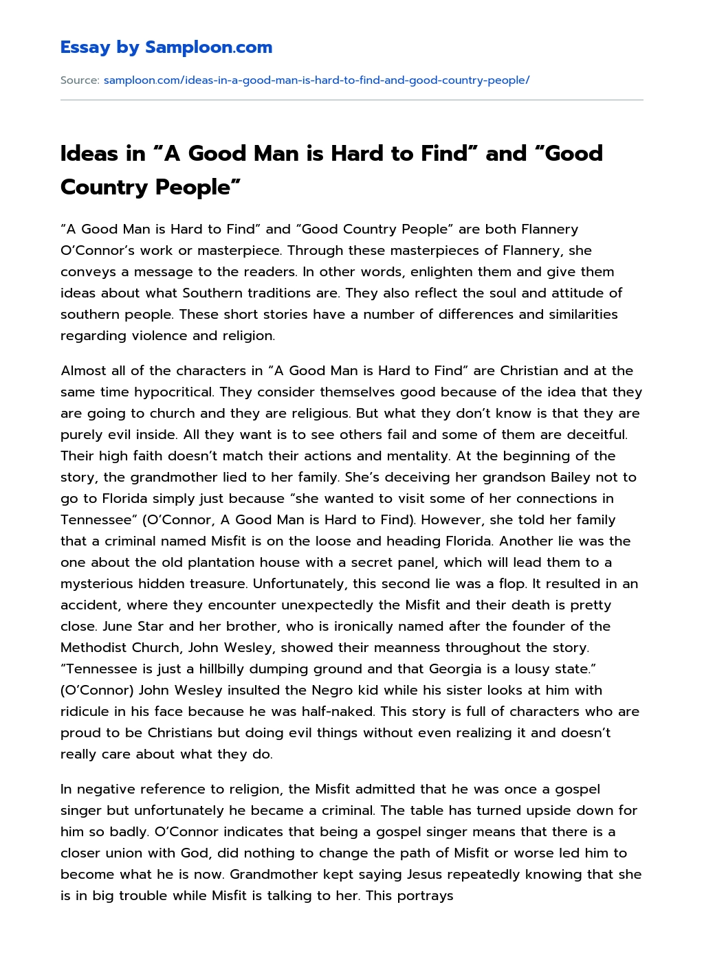 Ideas in “A Good Man is Hard to Find” and “Good Country People” Summary essay
