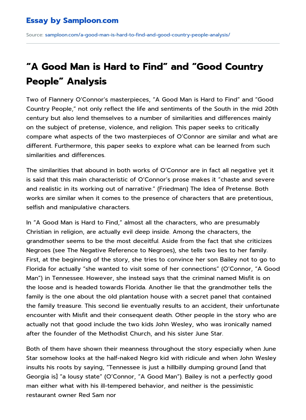 “A Good Man is Hard to Find” and “Good Country People” Analysis essay