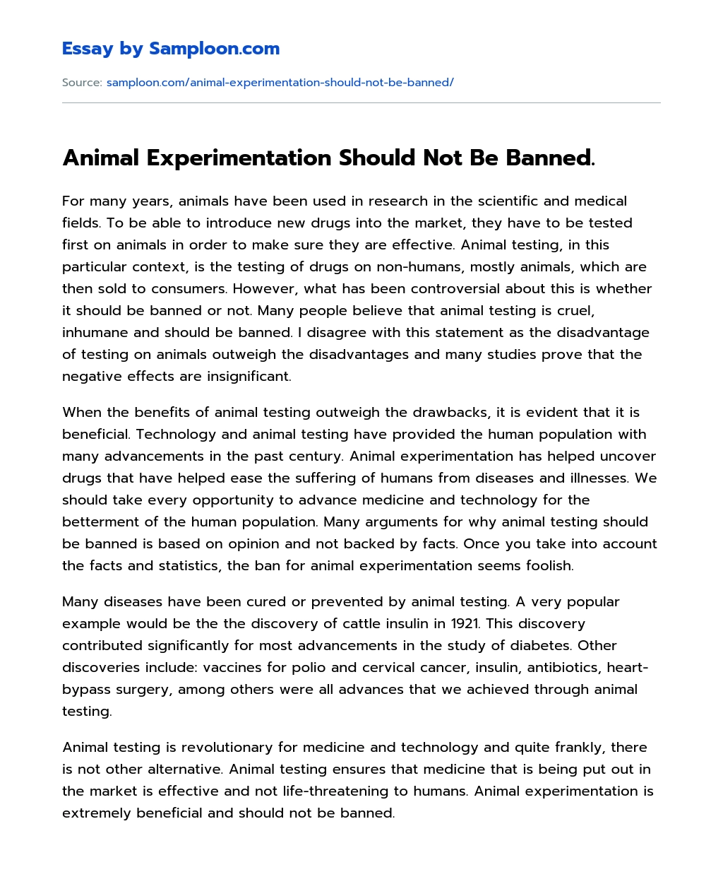 Animal Experimentation Should Not Be Banned. Argumentative Essay on  