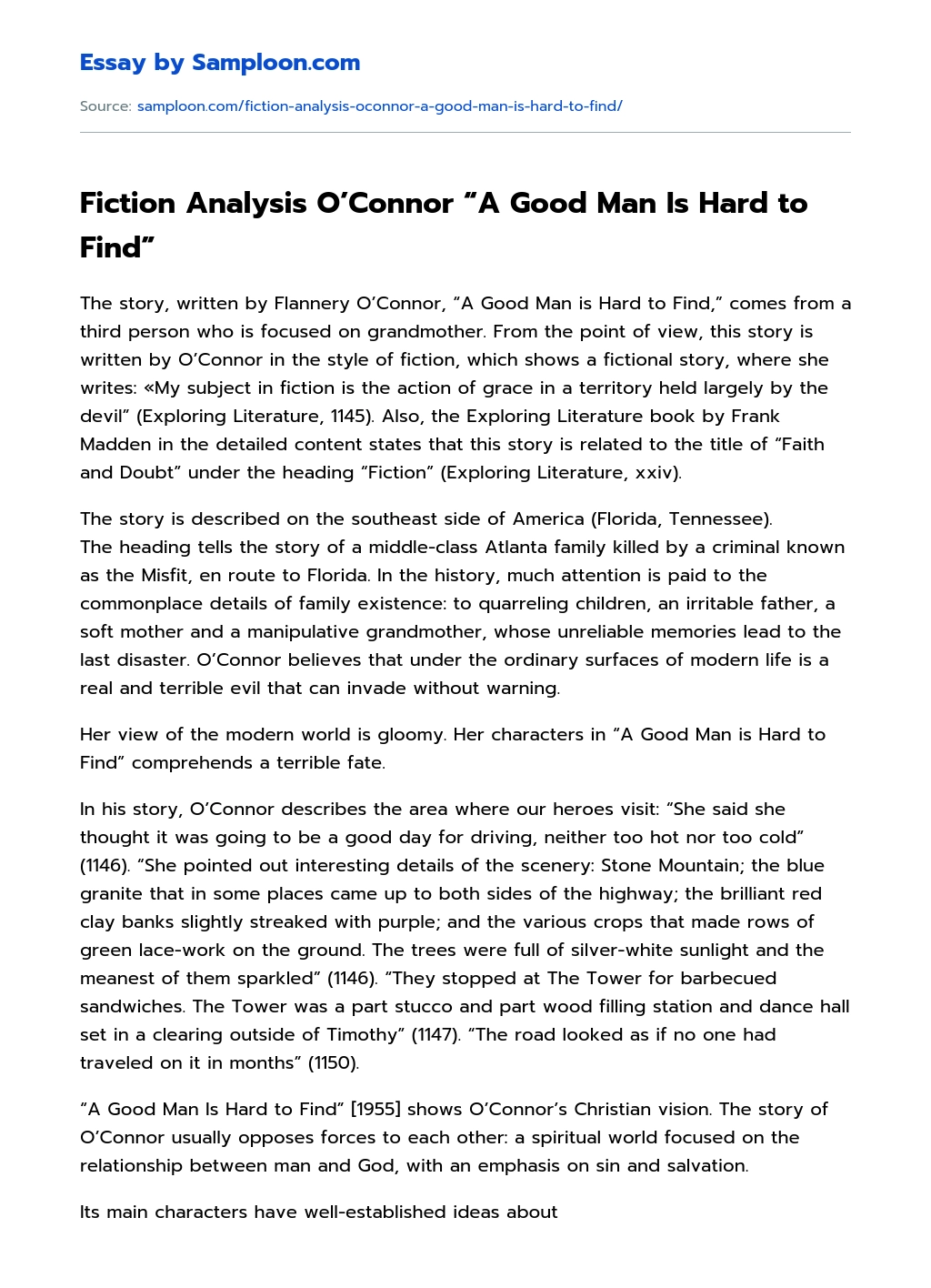 Fiction Analysis O’Connor “A Good Man Is Hard to Find” essay