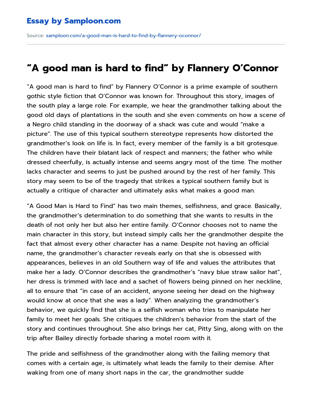 “A good man is hard to find” by Flannery O’Connor essay