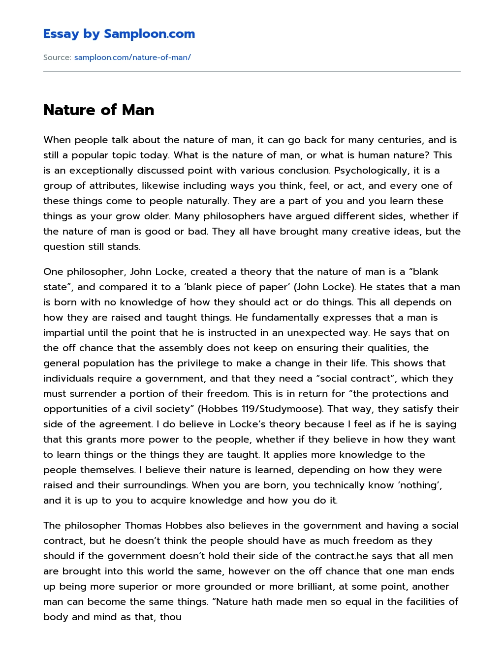 Nature of Man Personal Essay essay
