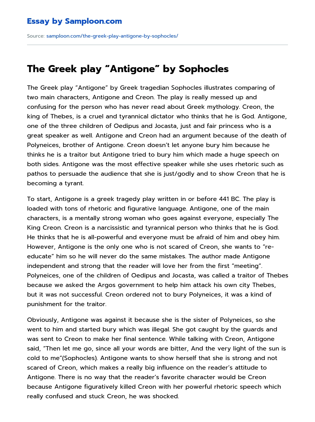 The Greek play “Antigone” by Sophocles Summary essay