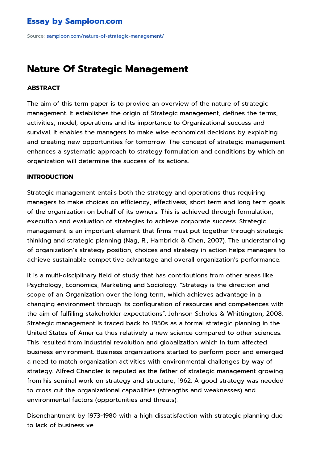 Nature Of Strategic Management essay