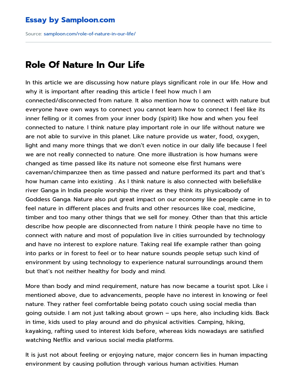 Role Of Nature In Our Life Personal Essay essay