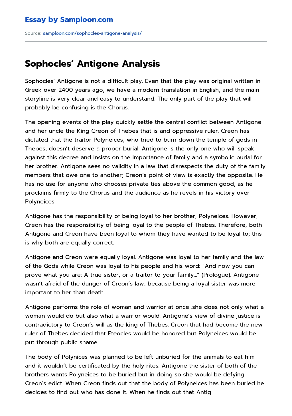 Sophocles’ Antigone Analysis essay