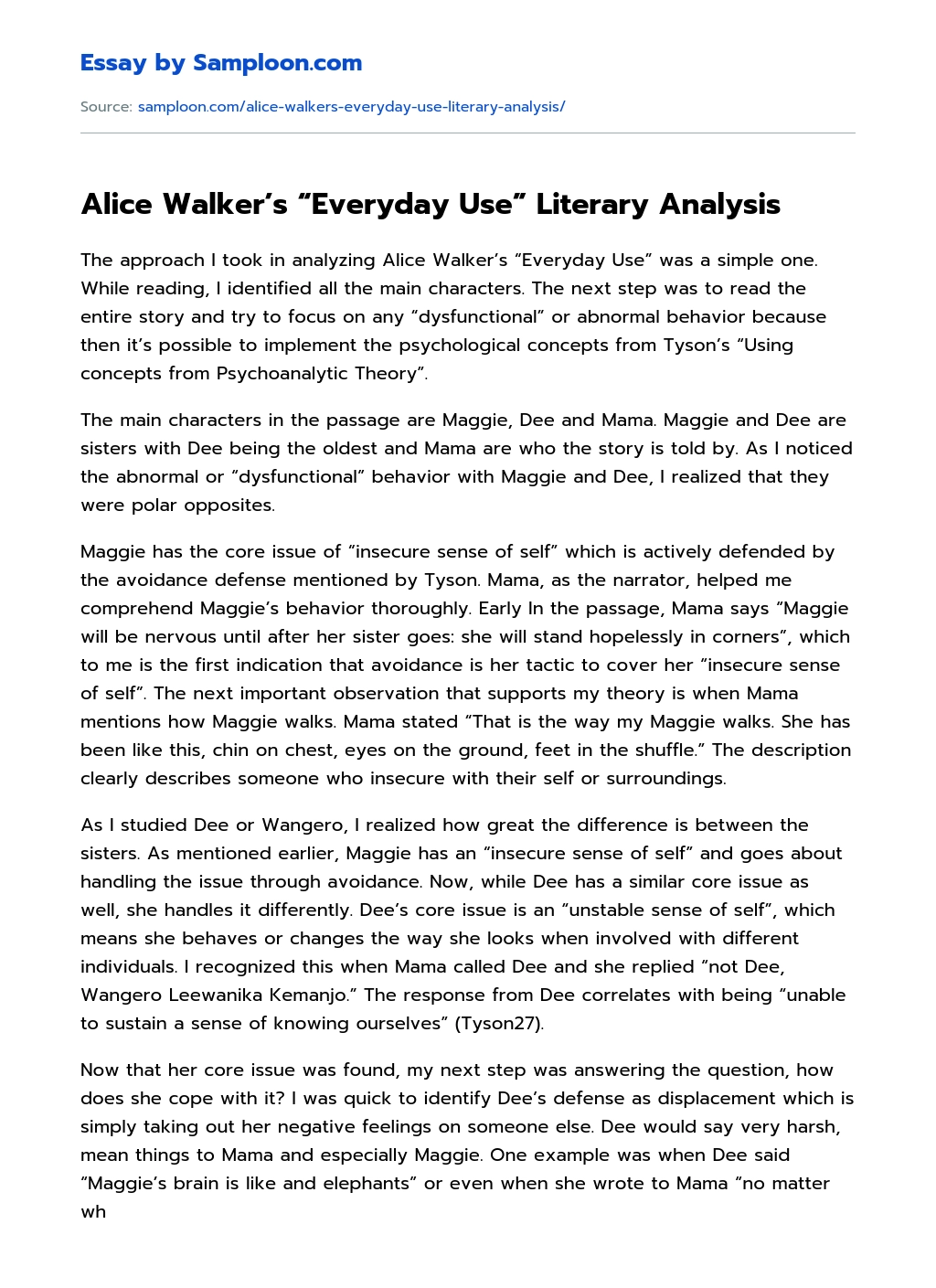 Alice Walker’s “Everyday Use” Literary Analysis essay
