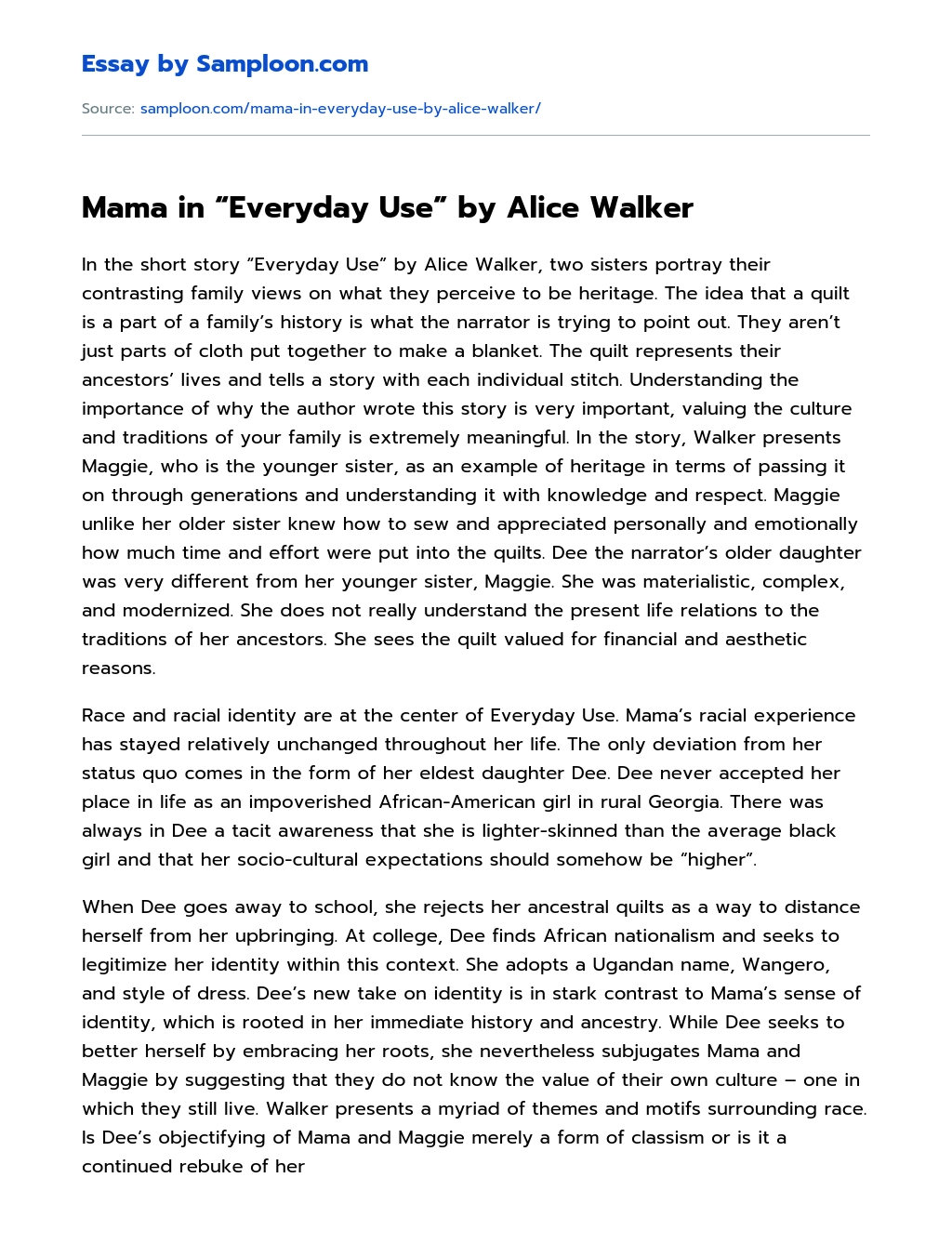 Mama in “Everyday Use” by Alice Walker Summary essay