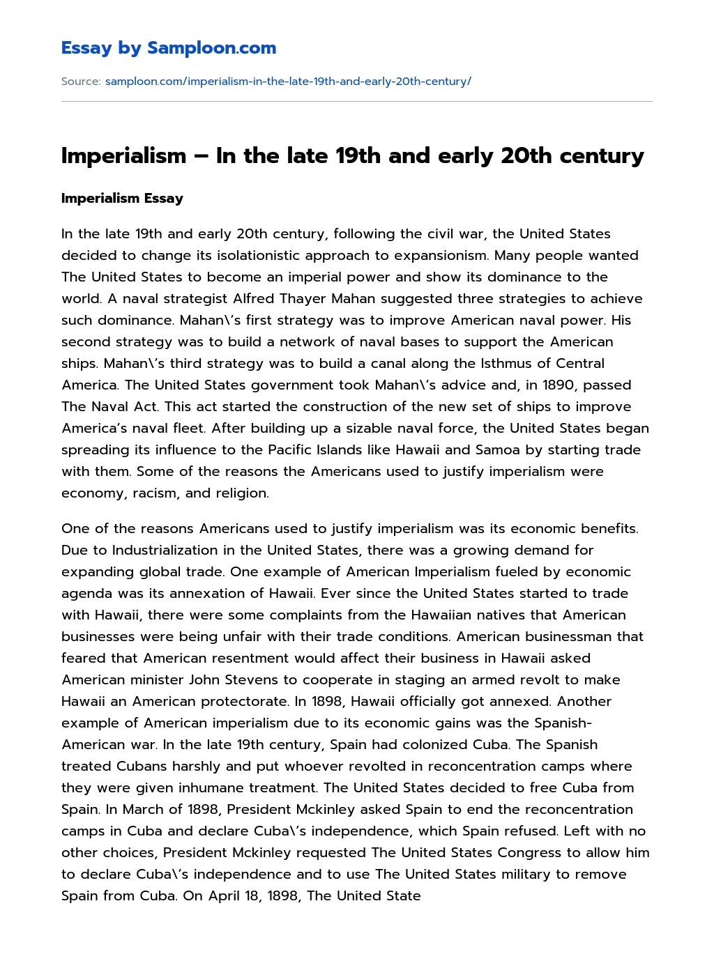 Imperialism – In the late 19th and early 20th century essay