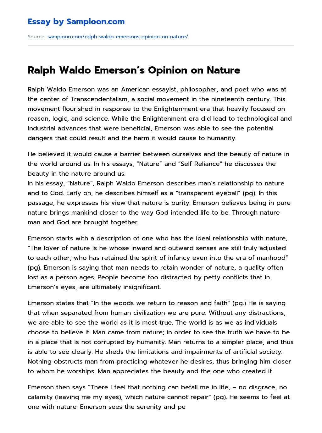 Ralph Waldo Emerson’s Opinion on Nature Rhetorical Analysis essay
