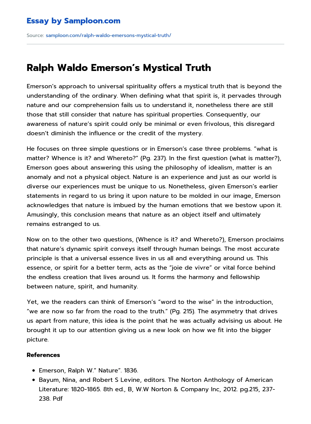 Ralph Waldo Emerson’s Mystical Truth essay