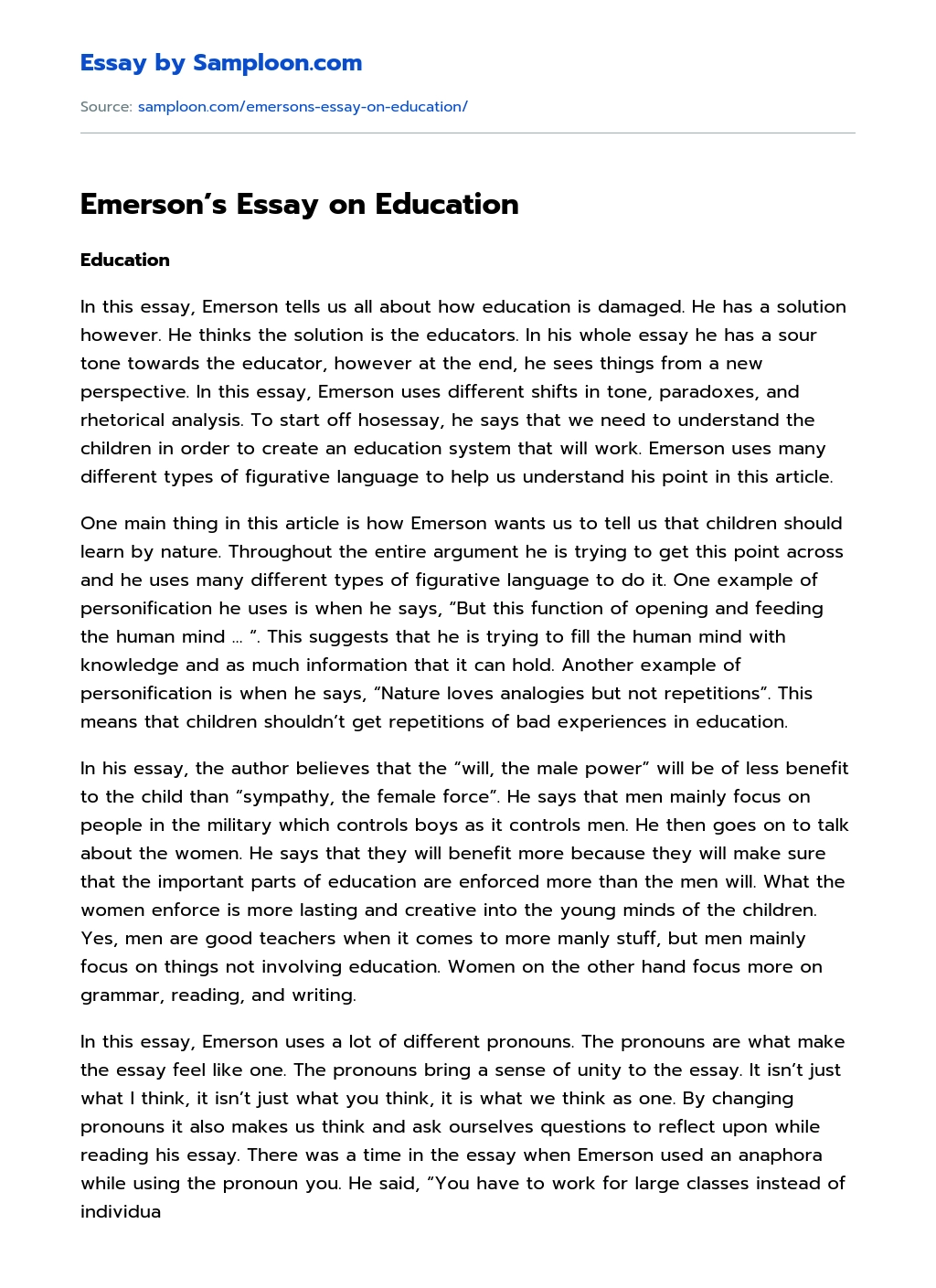 Emerson’s Essay on Education Rhetorical Analysis essay