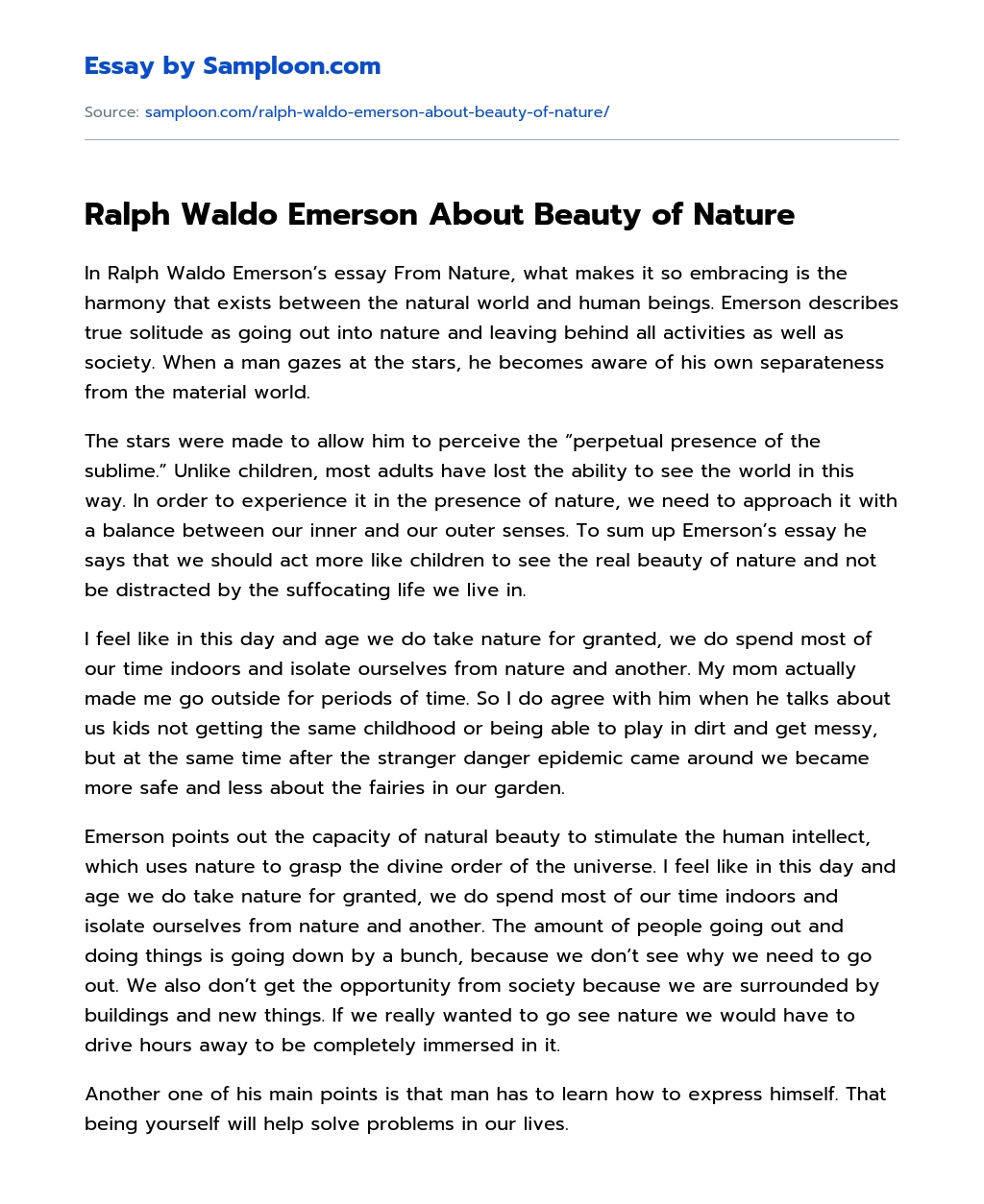 Ralph Waldo Emerson About Beauty of Nature Analytical Essay essay