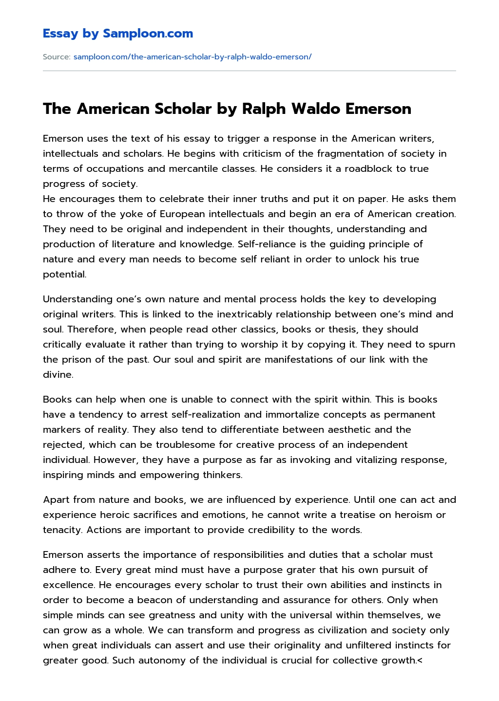 The American Scholar by Ralph Waldo Emerson essay