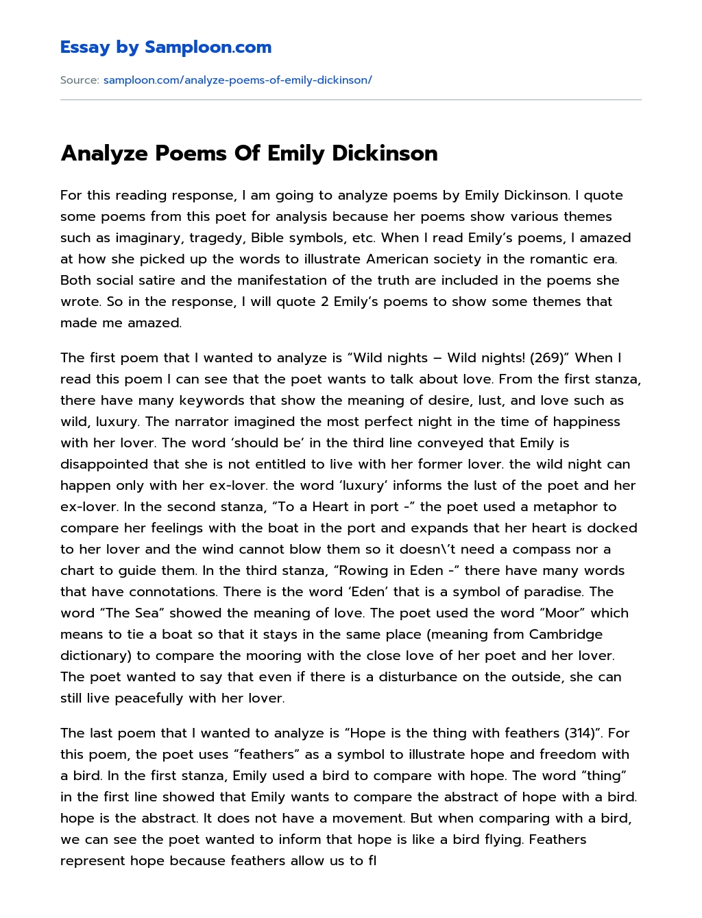 Analyze Poems Of Emily Dickinson Analytical Essay essay