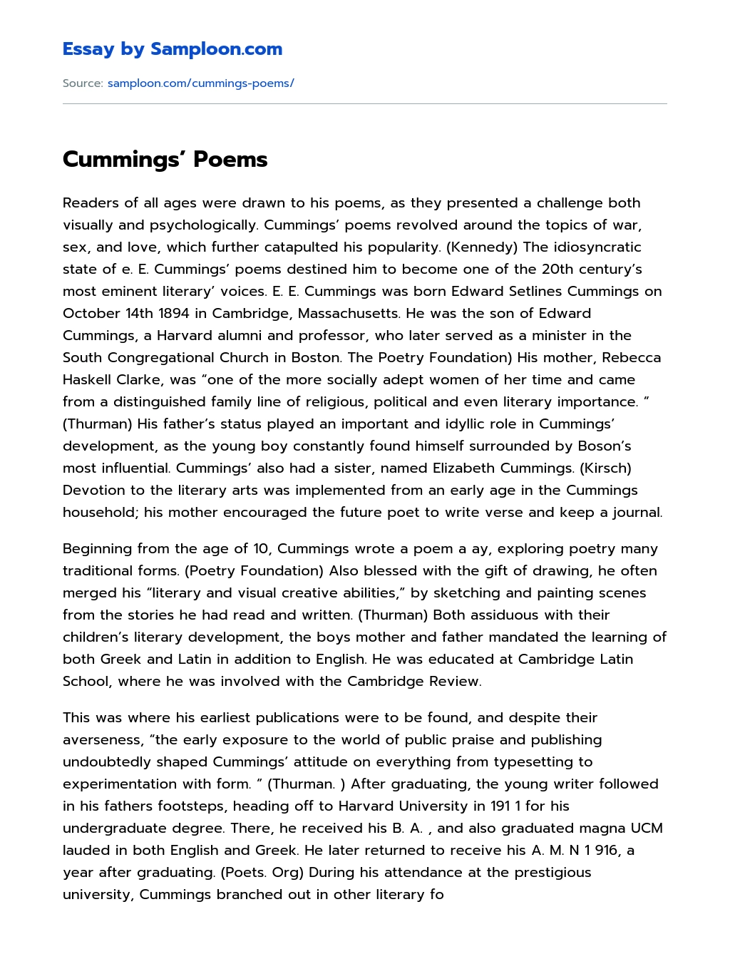 Cummings’ Poems Analytical Essay essay