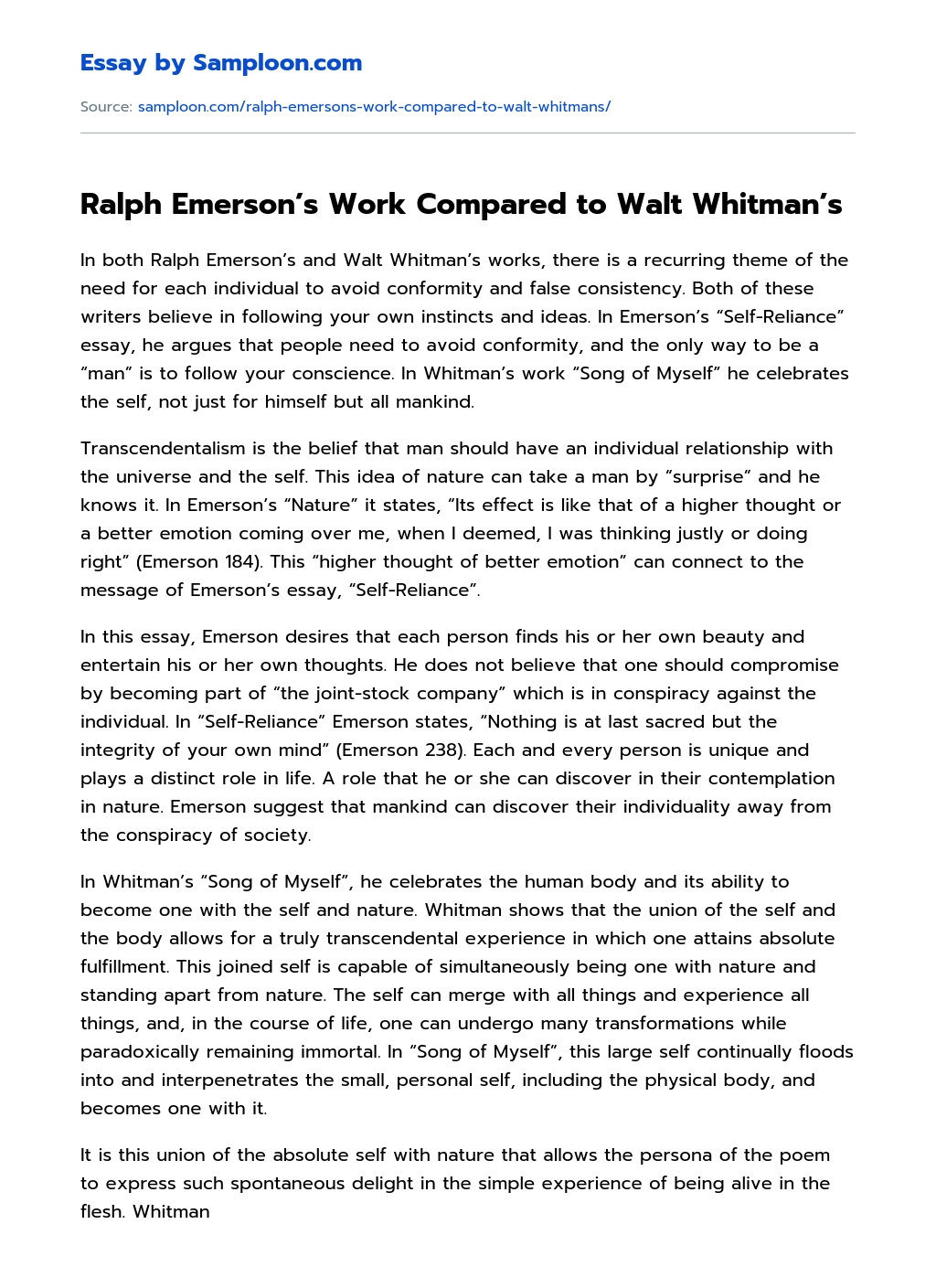 Ralph Emerson’s Work Compared to Walt Whitman’s essay
