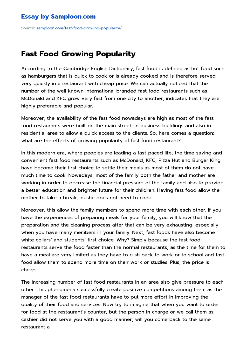 Fast Food Growing Popularity essay