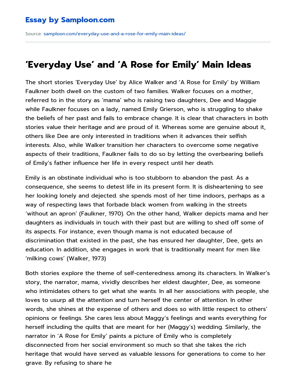 ‘Everyday Use’ and ‘A Rose for Emily’ Main Ideas Compare And Contrast essay