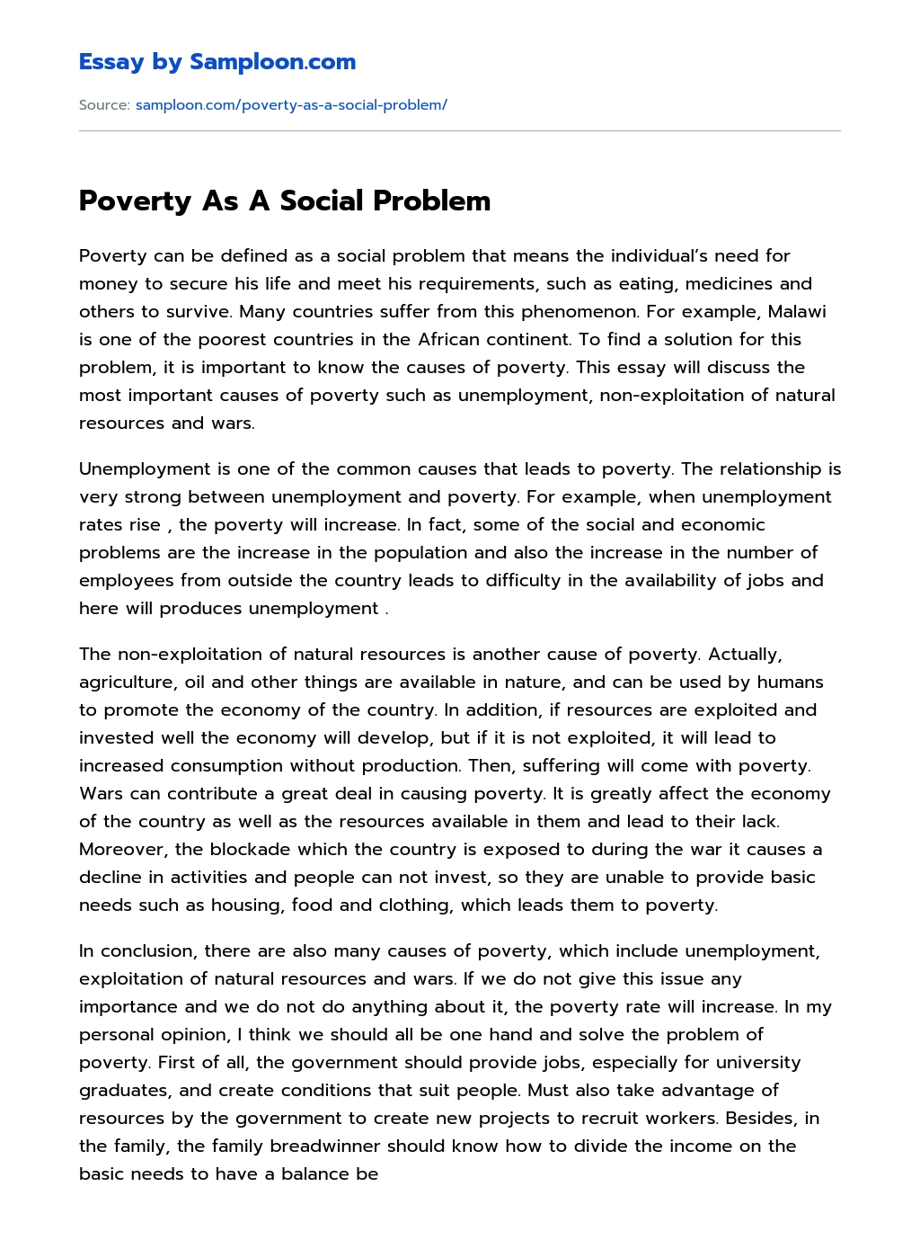 Poverty As A Social Problem essay