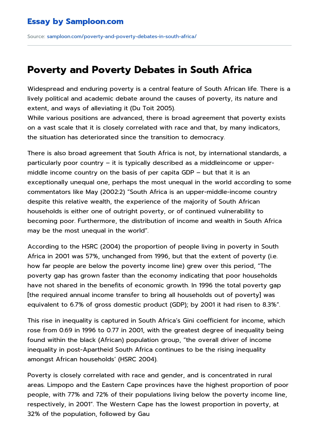 main causes of poverty in south africa essay