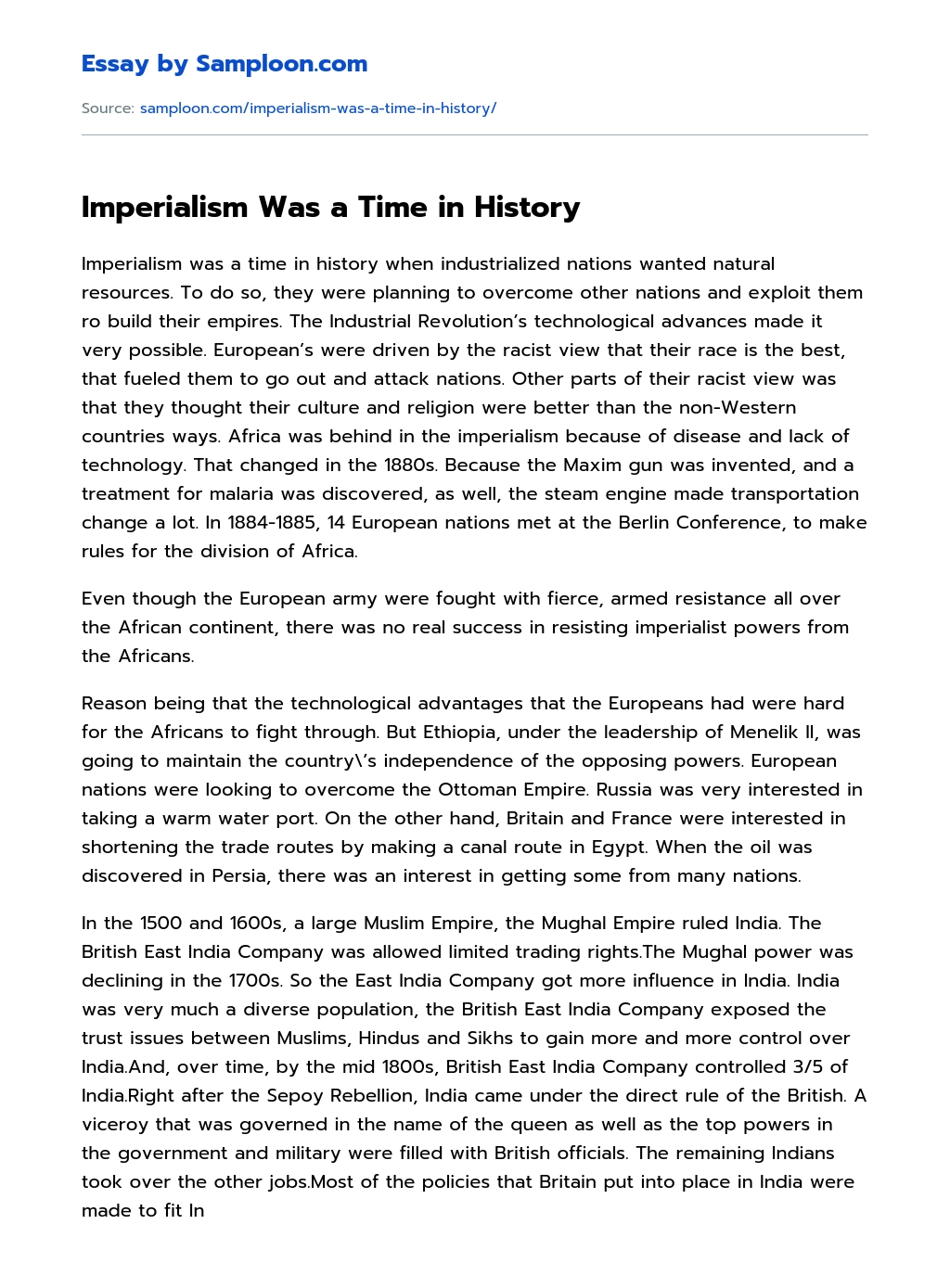 Imperialism Was a Time in History essay