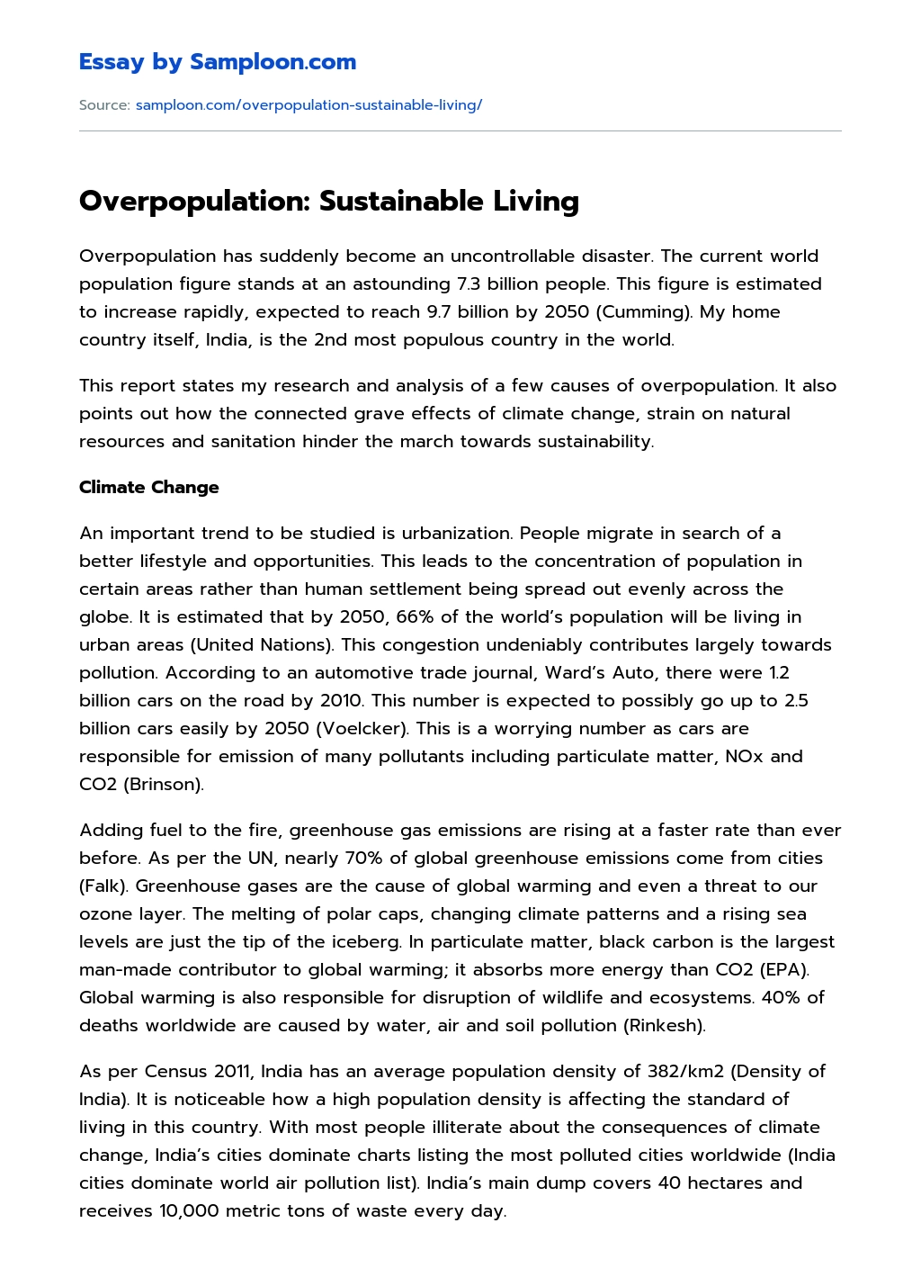 Overpopulation: Sustainable Living essay