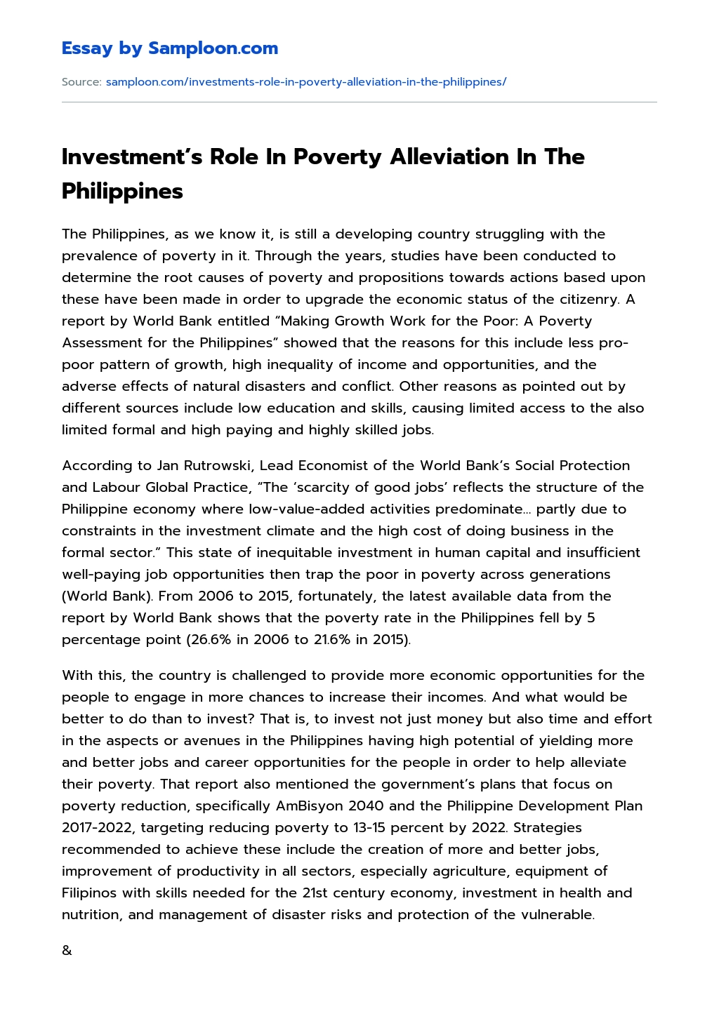 Investment’s Role In Poverty Alleviation In The Philippines essay