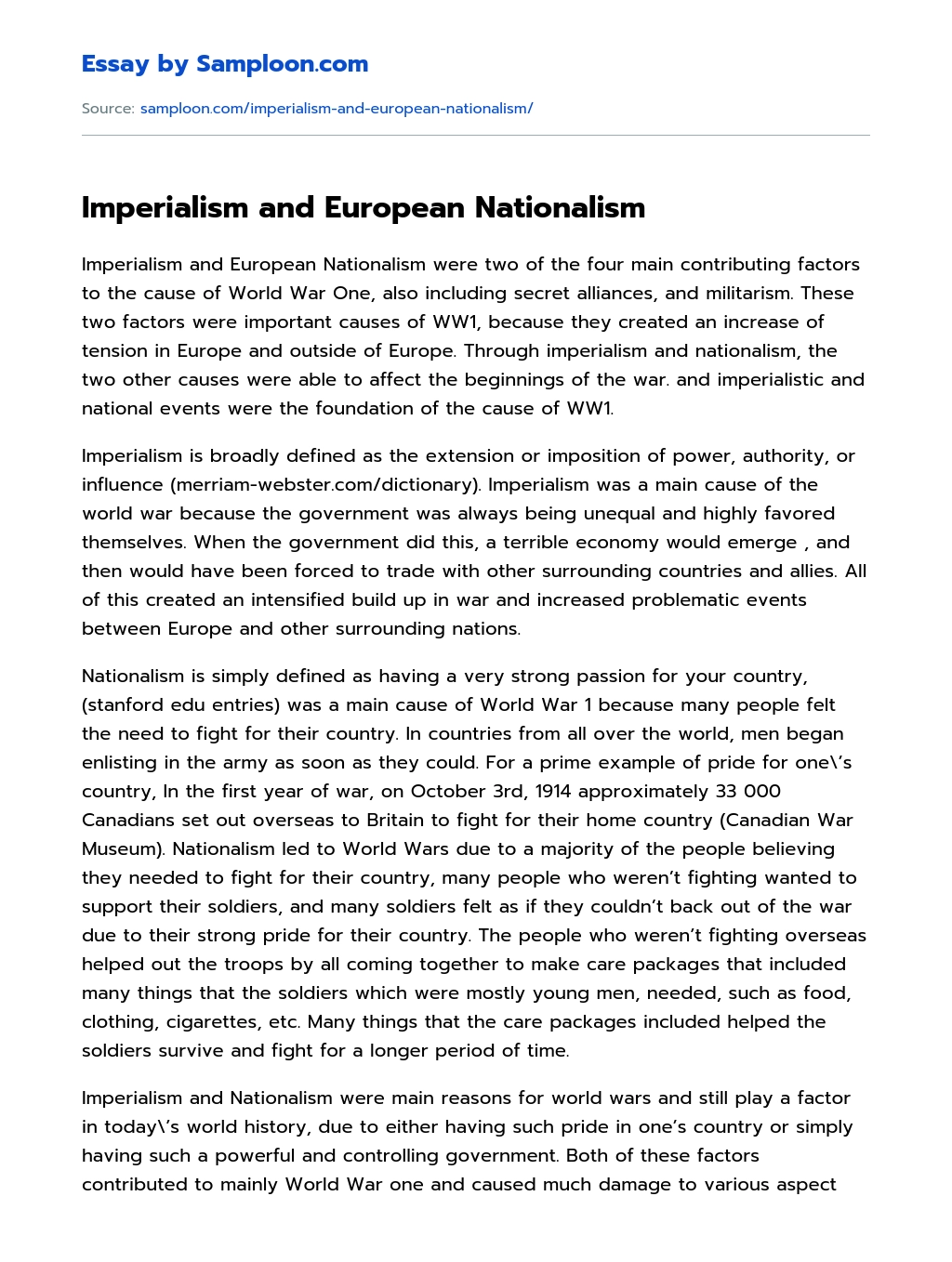 Imperialism and European Nationalism essay