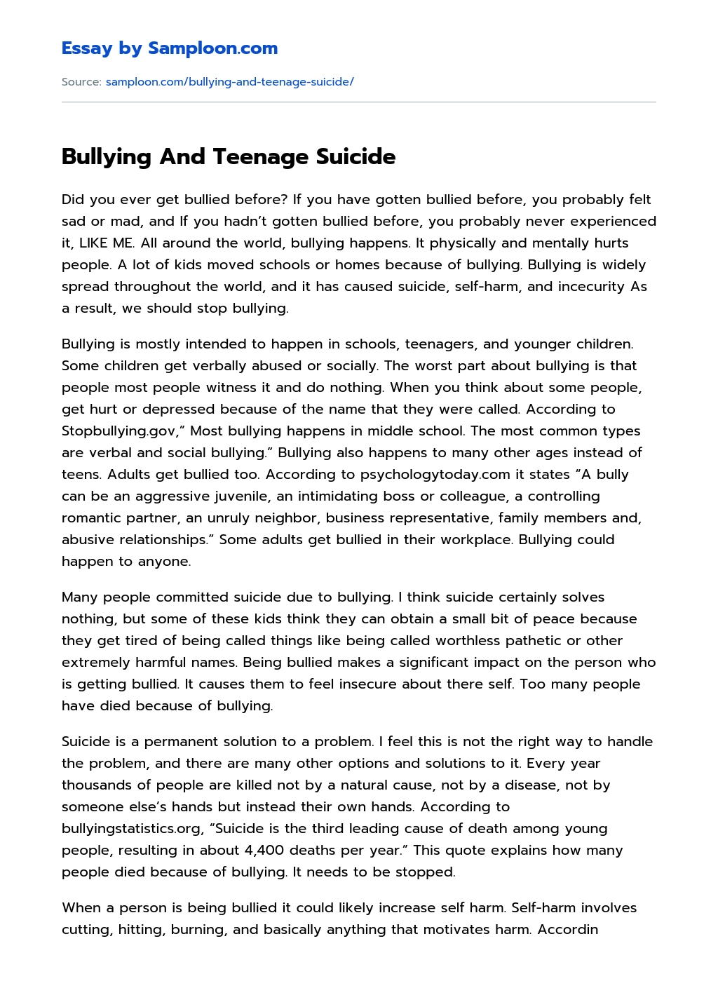 Bullying And Teenage Suicide essay