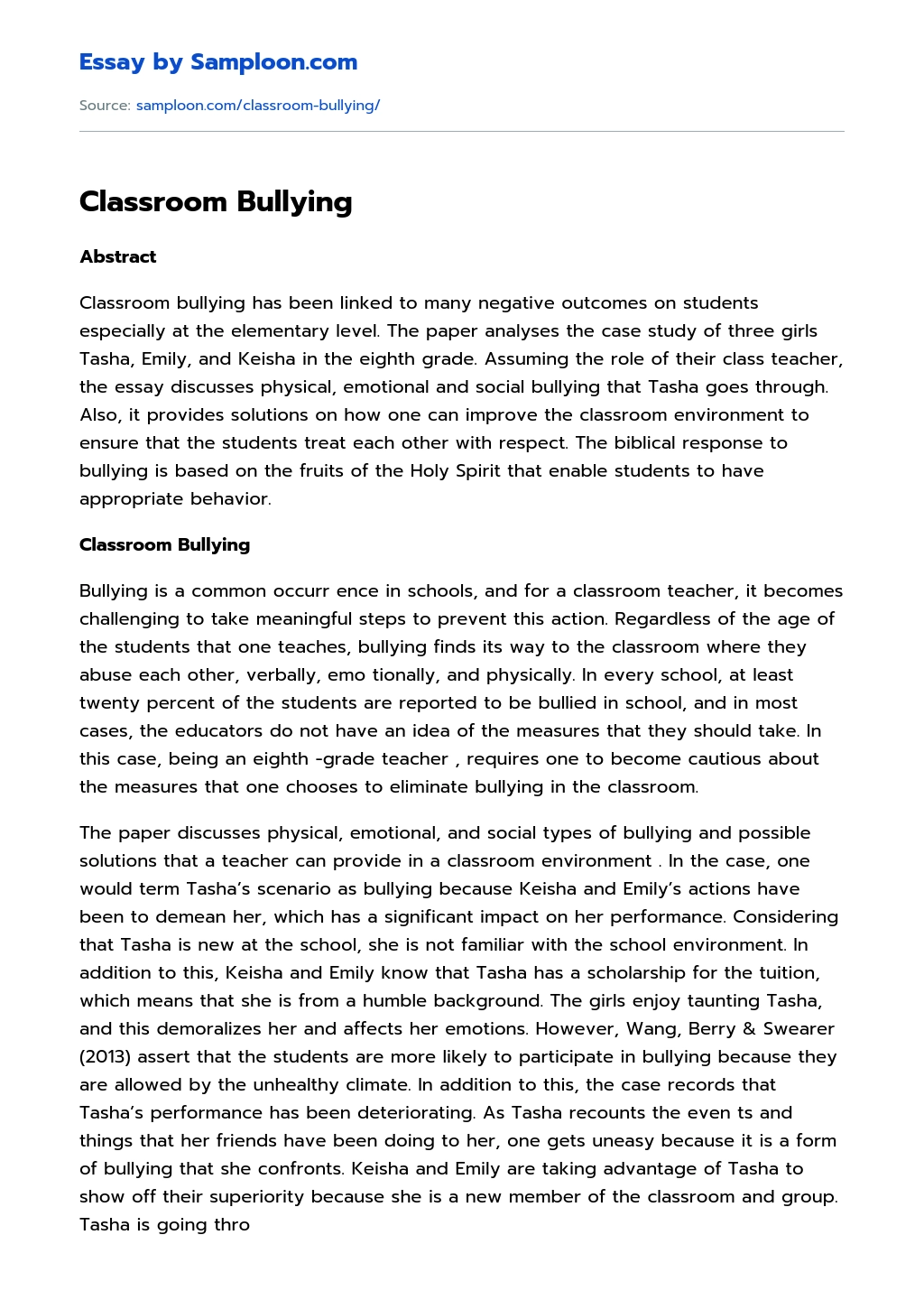 Classroom Bullying essay